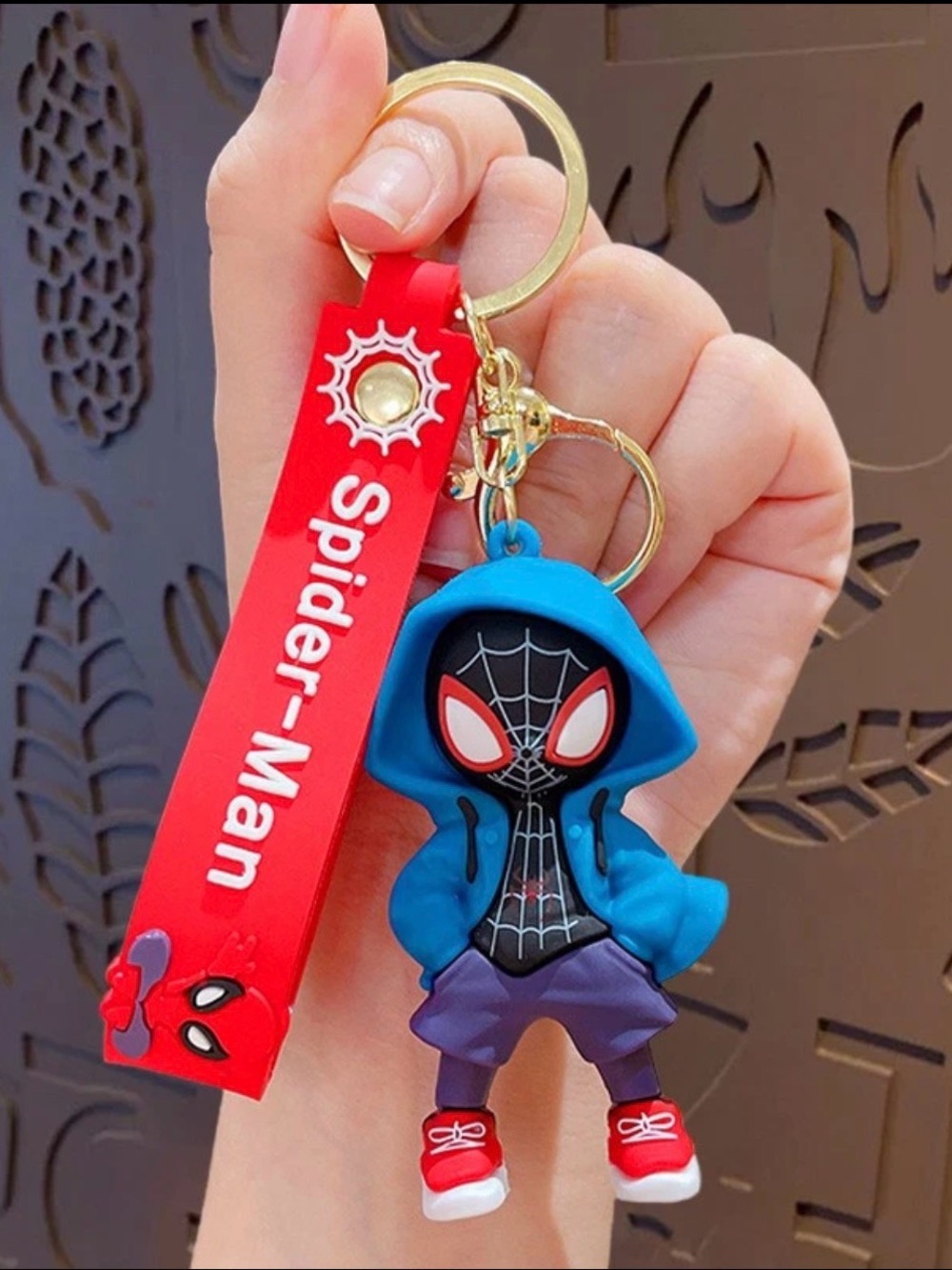 Spider-Man Marvel Keychain blue Hoodie Miles Morales Figure Lanyard Key Ring